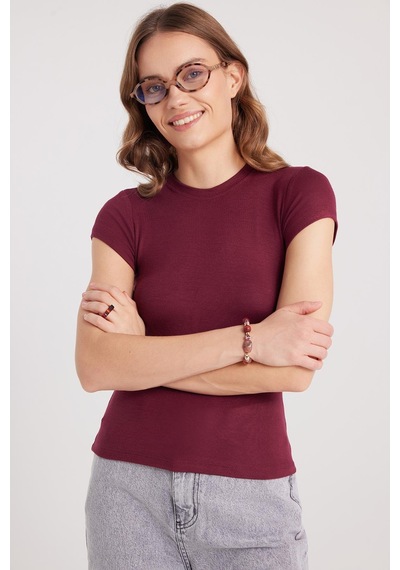Tudors Kadın Regular Fit Klasik Kesim Bisiklet Yaka Viskon Kumaş Ultra Soft Bordo Tişört-37793 Bordo
