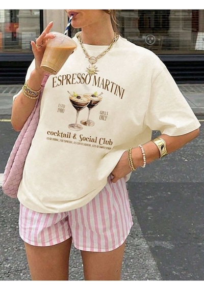 Kalic Studio Espresso Martını Kadın Özel Tasarım Oversize T-shirt Bej