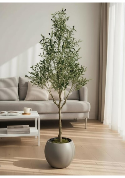 Yapay Zeytin Ağacı 185cm Doğal Görünümlü Yapay Ağaç Mokka Renk 30cm Küre Saksıda Yeşil