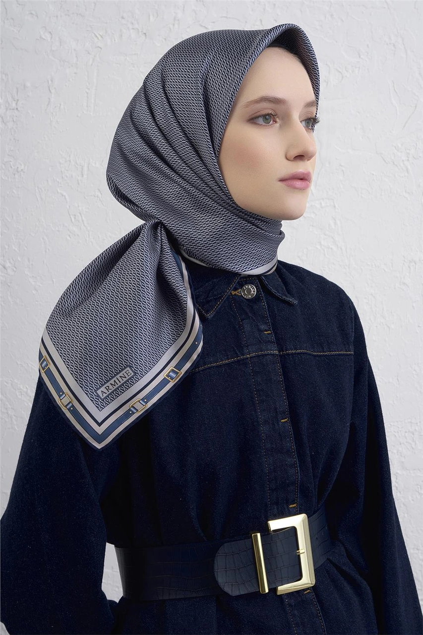 Armine Monogram Desenli Saf İpek Twill Eşarp 9401d 04 Mavi