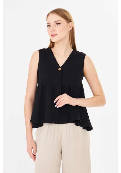 Sortie Collection V Yaka Tek Düğmeli Peplum Siyah Keten Bluz