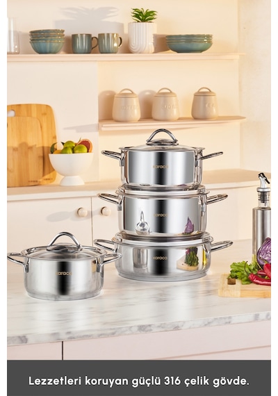 Karaca  Powersteel Sakura 316+ İndüksiyon Tabanlı 8 Parça Çelik Tencere Seti