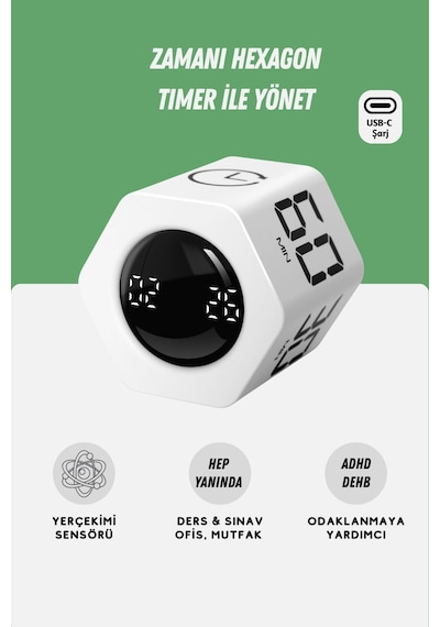 GWORKE Gt-2 Hexagon Zamanlayıcı, Flip Timer, Öğrenci Ders Çalışma Saati, Sınav Kronometresi, Mutfak - Beyaz