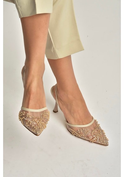 Fox Shoes Y726462415 Bej File Boncuk İşlemeli İnce Topuklu Ayakkabı Bej