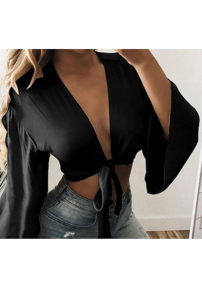 Fashion Cocktail Saten Önden Bağlamalı Dekolte Gece Kokteyl Kombin Uzun Kol Krop Bluz Siyah Fashion Cocktail Saten Önden Bağlamalı Dekolte Gece Kokteyl Kombin Uzun Kol Krop Bluz Siyah