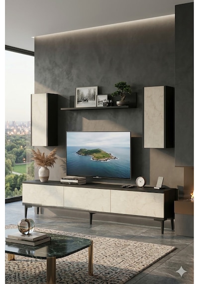 Tvr1899at - Aplos Tvr180 Tv Ünitesi Takım , Tv Sehpası Antrasit-traverten Kapak 180cm