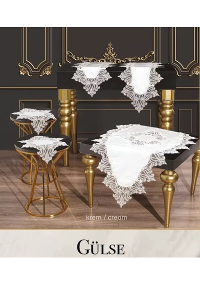 Salon Takımı 5 Parça Keten Dantelli Masa Örtüsü Runner Seti Çeyizlik Gülseda Model Krem-krem Çok Renkli