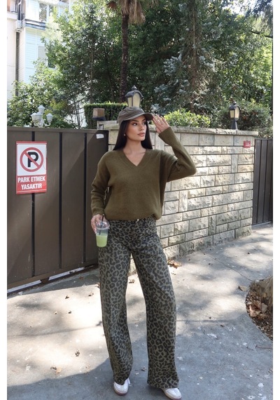 Kechi Woman V Yaka Oversize Triko Kazak Yeşil