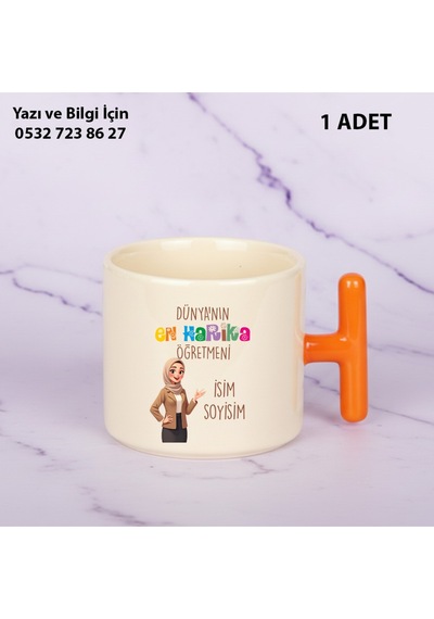 Dünyanın En Harika Öğretmeni Tasarımlı T Kupa Bardak -öğretmenler Günü Hediyelik-isim Yazılabilir Turuncu