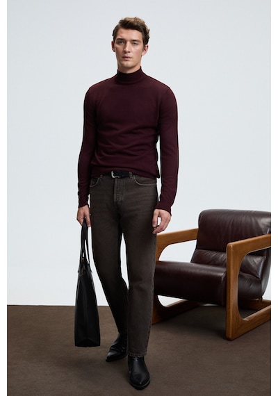 Grimelange REBEL Erkek Yarım Balıkçı Yaka Basic Slim Fit Triko Bordo Kazak