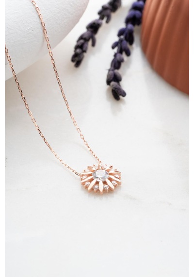 925 Ayar Gümüş Rose Kaplama Işıltılı Tektaş Güneş Kolye Rose Gold