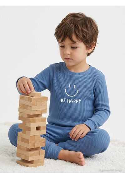 Minidamla Baby Minidamla Gülen Yüz Baskılı 1-6 Yaş Pijama Takımı - Yeşil Petrol