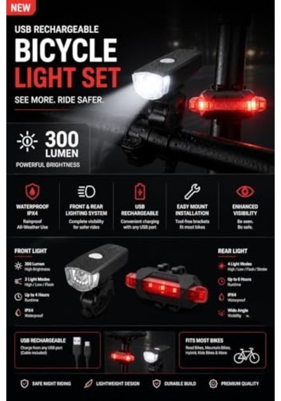 Bisiklet Işık Seti Usb Şarjlı Ön Arka Bisiklet Farı 2'li Led Bisiklet Lambası Su Geçirmez 300 Lümen Stop Lambas Çok Renkli