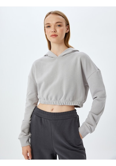 Koton Şardonlu Kapüşonlu Uzun Kollu Crop Oversize Sweatshirt Gri 5wak10099nk