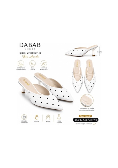 Dabab Shoes Sevılla Puantiye Desenli Beyaz Saten Sivri Burunlu 5 Cm İnce Topuklu Mule Terlik
