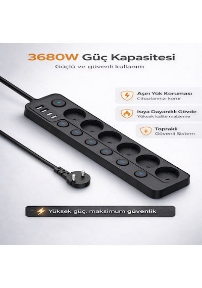 6 Lı Ayrı Anahtarlı Akım Korumalı Priz 3680w 16a 2 Usb 2 Type-c 2 Metre Kablolu Çoklu Priz 3 M