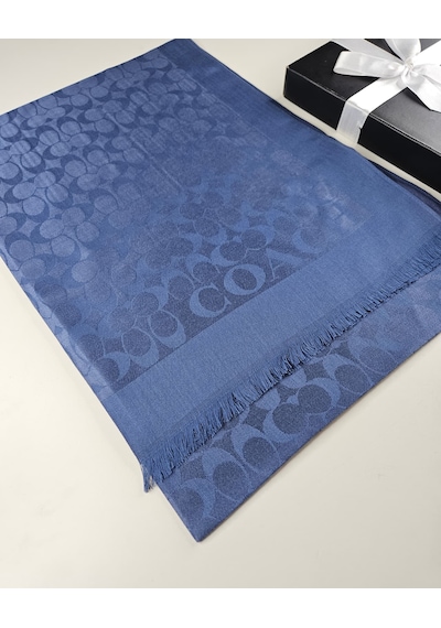 Miorel Scarfs C Desen Çift Taraflı Kaşmir İpek Şal 4 Mevsim Pamuk Şal İndigo
