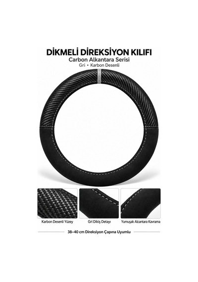 Trobus Dacia Spring 2021-2025 Uyumlu Dikmeli Direksiyon Kılıfı Carbon Alkantara Karbon Desenli Gri
