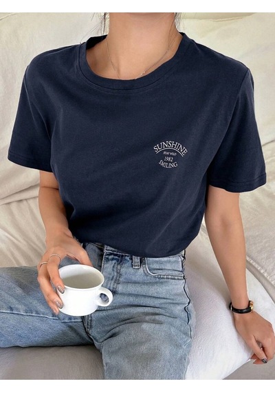 Uyguntarz Unisex Sunshine Smiling Baskılı Tasarım Tshirt Lacivert