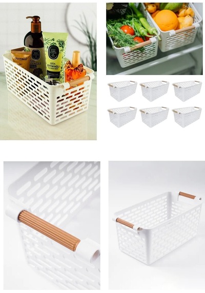 4 Adet Ahşap Renk Plastik Saplı Organizer Sepet Düzenleyici Beyaz Plastik Beyaz 30 X 30 Diğer
