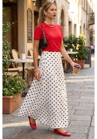 Madmext Beyaz Puantiyeli Maxi Kadın Saten Etek Mg2725