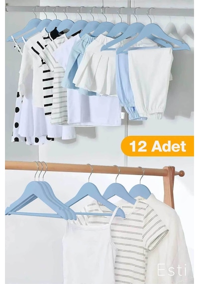 Esti 12 Adet - Ahşap Görünümlü Çocuk Ve Bebek Elbise ,kıyafet Askısı Mavi Kahverengi