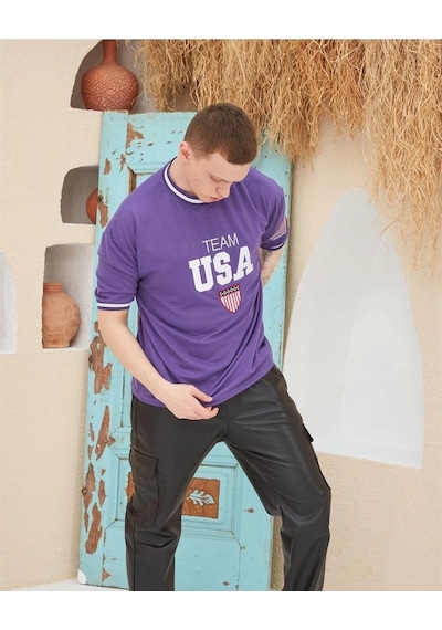 Nakış İşlemeli Ribanalı Oversize T-shirt - Mor Çok Renkli