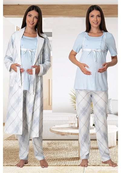 Effortt Dvina Lohusa Hamile Çizgili Sabahlıklı Ve Kısa Kollu Pijama Takımı -3'lü Set - Mavi Mavi