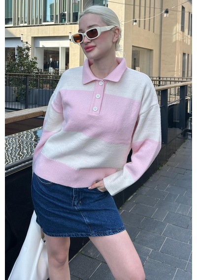 Madmext Pembe Düğmeli Polo Yaka Çizgili Kadın Kazak Mg2286 Pembe