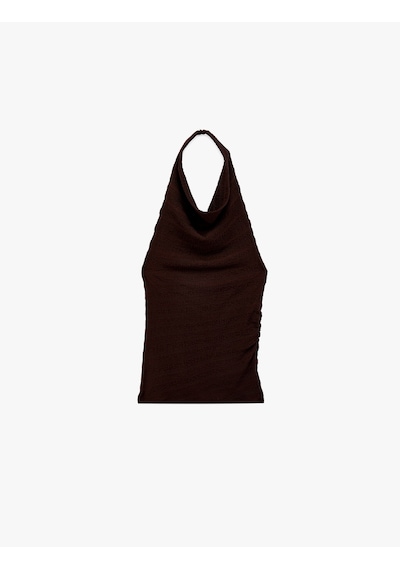 Koton Bürümcük Kumaş Slim Fit Degaje Halter Yaka Bluz Kahverengi 6sal30085ık Kahve