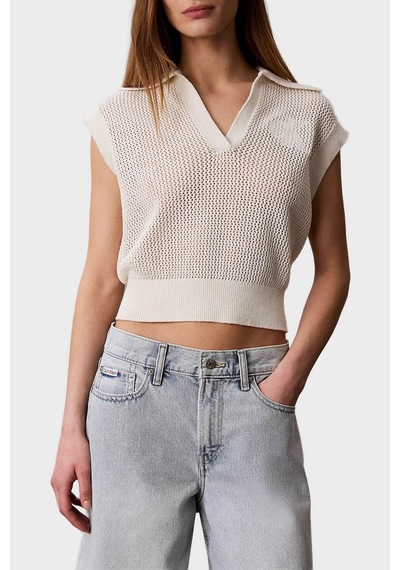 Calvin Klein % 100 Pamuk Regular Fit Logo Nakışlı Polo Bayan Polo Lv047g303g Yas Krem