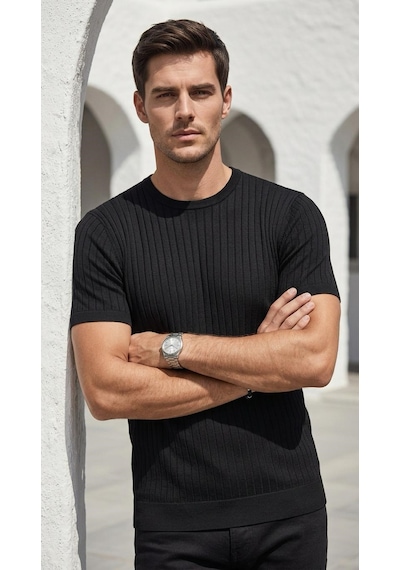 Plus Scorpion Erkek Slim Fit Triko Tişört Bisiklet Yaka Çizgili Modern Şık Tasarım Siyah