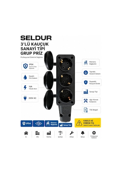Seldur 3'lü Kauçuk Grup Priz Ip54 Topraklı Klemens Bağlantılı Kapaklı Sanayi Tipi Tse Belgeli Kablosuz
