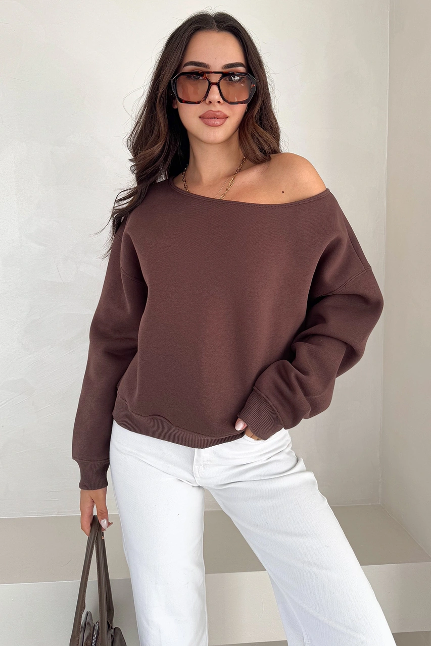 Noa & Noa Kadın Omuz Detaylı Polar Sweatshirt Rahat & Feminen Stil Kahverengi