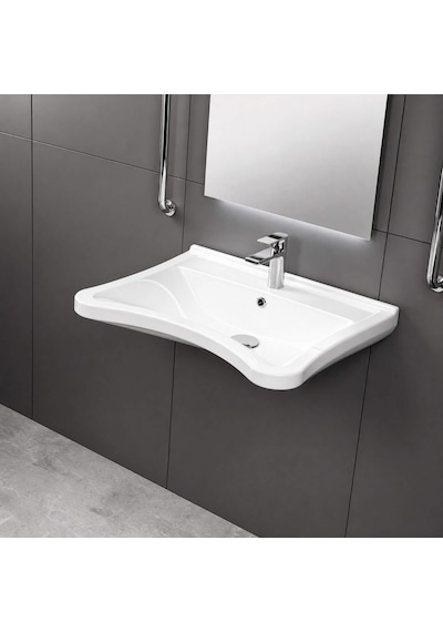 Quarter Bath Engelli Lavabo 50x60 Cm Duvara Asma Seramik Lavabo Tekerlekli Sandalye Uyumlu Parlak Beyaz 70sd2006