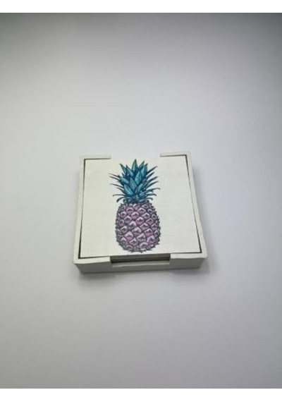 6 Lı Ahşap Bardak Altlığı Seti Kutulu - Ananas Desenli 1