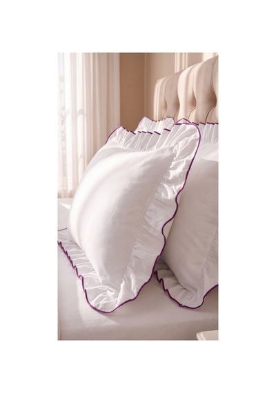 %100 Pamuk Overloklu Fırfırlı Çift Kişilik Nevresim Takımı Lastikli Çarşaflı 200x220 Cm Mor - 904804703 Mor