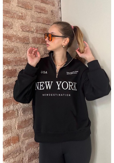 Madmext Siyah Yarım Fermuarlı Baskılı Sweatshirt Mg2240 Siyah