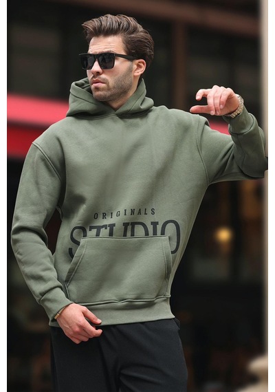 Madmext Haki Kapüşonlu Baskılı Cep Detaylı Sweatshirt E7076 Haki