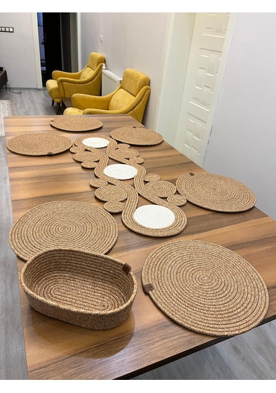 Senza Atelier Lüks Jüt Masa Sunum Seti Dairesel Motifli Runner, 6 Lı Supla Ve Sepet Seti Hasır