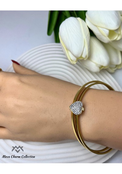 Kalp Figürlü Zirkon Taşlı Çelik Ajda Charmı / Kolye Ucu Gold