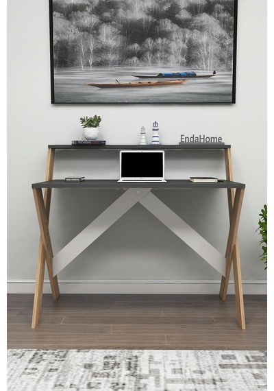 Enda Home X Ayaklı Raflı Ders Çalışma Masası 50x90 Cm Antrasit - Çam Atlantik Çam - Antrasit