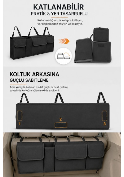 4 Cepli Katlanabilir Oto Bagaj Çantası Bagaj Organizeri Araç İçi Düzenleyici Koltuk Arkası Organizer Siyah