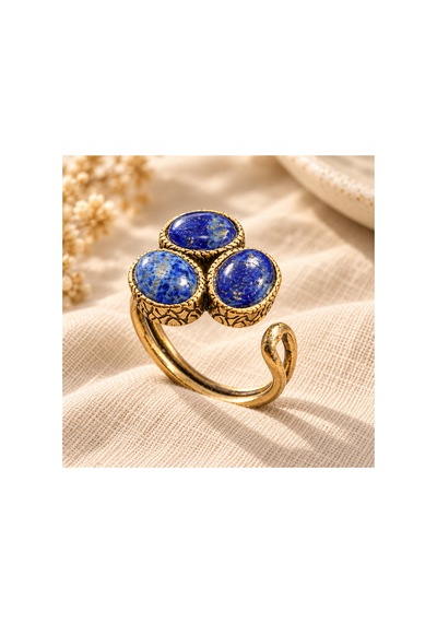 Esoo Jewelry Doğal Taş Detaylı 3 Taşlı Vintage Gold Ayarlanabilir Kadın Yüzük - Saks Mavi Koyu Mavi