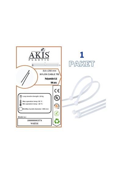 Plastik Kablo Bağı Kelepçesi Cırt 3,6 X 250 Mm 100 Adet