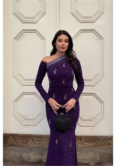 Khi-zai Kadın Trend Model Krep Kumaş Tek Omuz Abiye Elbise Mor