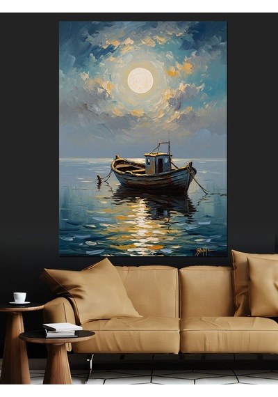 Ahşap Tablo Gece Denizde Yalnız Tekne Çocuk Odası Tabloları