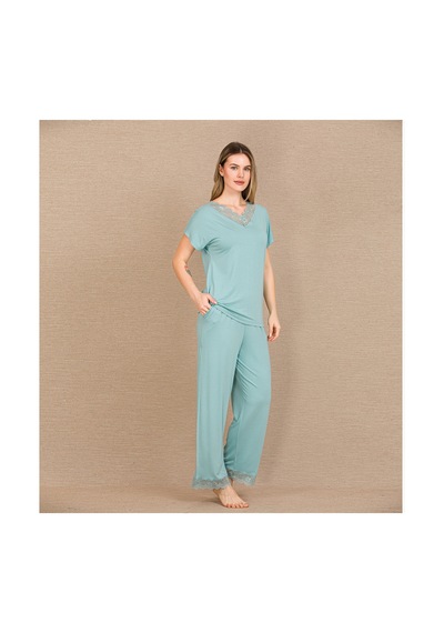 L'ombre Viskon Şık Tasarım Dantel İşlemeli Mint Yeşil Kısa Kol Pijama Takımı Nane Mint