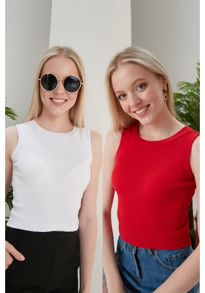Catspy Kadın Halter Yaka 2'li Crop Bluz Atlet Beyaz - Kırmızı