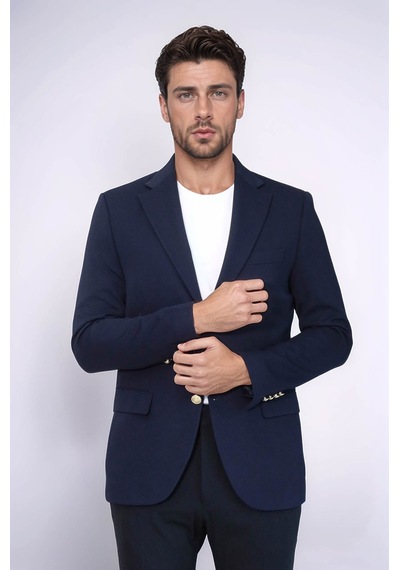Lacivert Kendinden Desenli Örme Altın Renk Metal Düğmeli Slim Fit Erkek Blazer Ceket - Wessi Navy Blue Lacivert Kendinden Desenli Örme Altın Renk Metal Düğmeli Slim Fit Erkek Blazer Ceket - Wessi Navy Blue